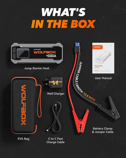 WOLFBOX 4000A Jump Starter Power Pack, 12V auto-accu Booster Jump Starter met 65W snellader, 24000mAh batterij Booster Pack (10L Gas 10L Diesel Motor) met LED-licht, Booster, Jump Leads