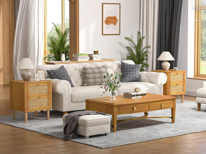 Nachtkastje Rattan – Bedside Table – Ladekastje – Bijzettafel – Slaapkamerkastje – 2 Lades – Massief Houten Pootjes – Compact 45x40x55,5 cm