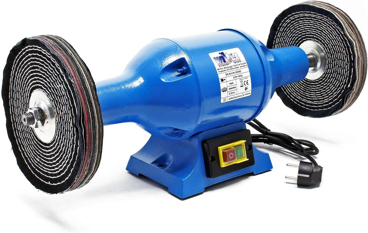 Wiltec polijstmachine 750W met twee polijstschijven Ø 200mm, 2950 rpm dubbele slijpmachine met robuuste behuizing