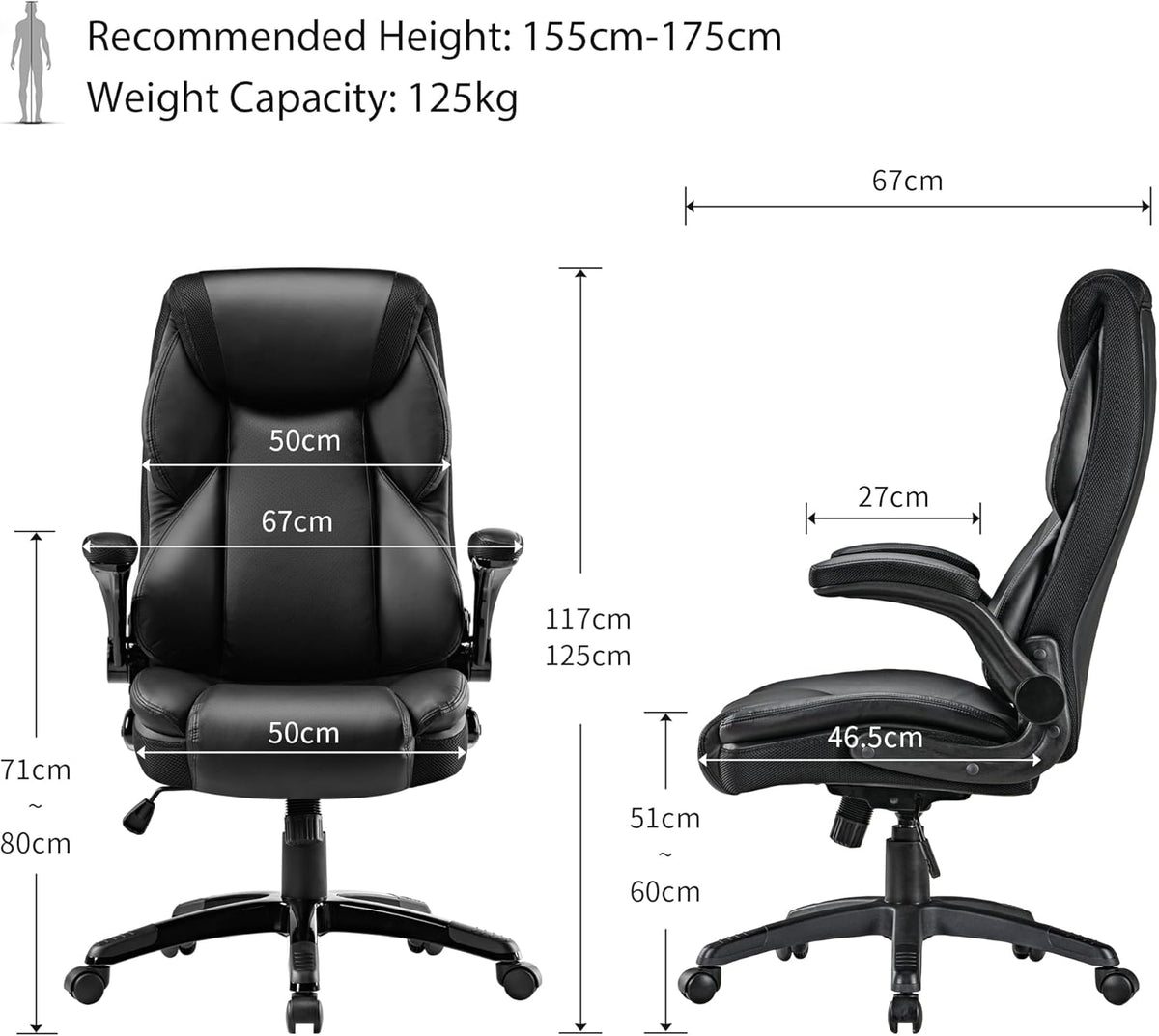 Bureaustoel – Kantoorstoel – Computerstoel – Gamestoel – Office Chair – PU-leder – 90° Opklapbare Armleuningen – Ergonomische Lendensteun