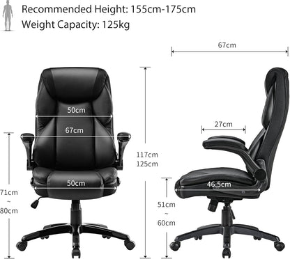 Bureaustoel – Kantoorstoel – Computerstoel – Gamestoel – Office Chair – PU-leder – 90° Opklapbare Armleuningen – Ergonomische Lendensteun