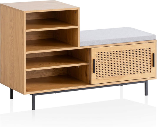 FineBuy Shoe Bench with Seat 120 x 75.5 x 40 cm, Wardrobe Sofa, Oak Decor, Rattan, Small Lined Sofa, Narrow Corridor with Storage Space, Viennese Braided Hallway Furniture with Sliding Door - QUORE