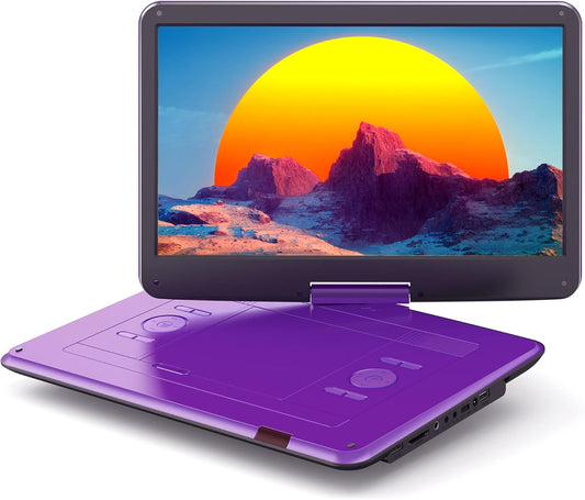 WOLFANG Draagbare dvd-speler met 15,6 inch groot HD-display, 5000 mAh batterij, geen regionale beperking, twee stereoluidsprekers, ondersteunt USB/SD-kaart/sync-tv/projector, lila