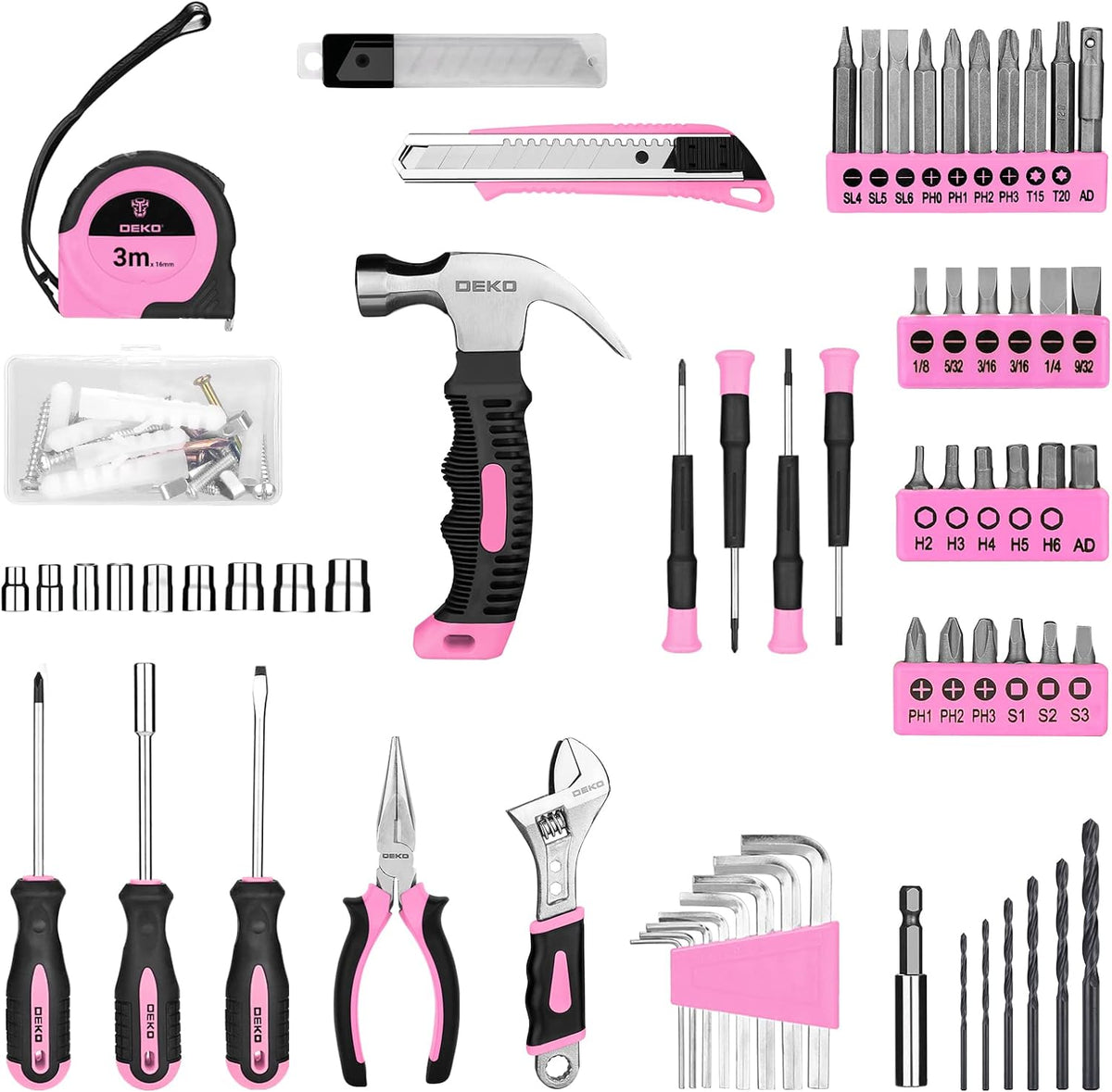 Deko - Basis gereedschapsset - Gereedschap - 126-delig - Gereedschapsset - Gemengde gereedschapsset - Elektrische gereedschapscombinatiesets - 8V snoerloze boormachine - Roze - QUORE