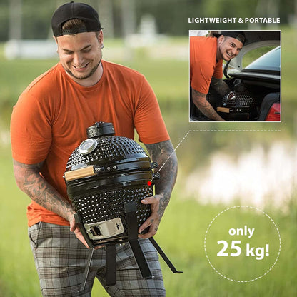 KAMADO BONO Ceramic BBQ Grill, 13" Picnic I, Mini Kamado BBQ Charcoal Grill, Egg BBQ, Kamado Barbecue Grill I, Portable Oven and Smoker with Stand - QUORE