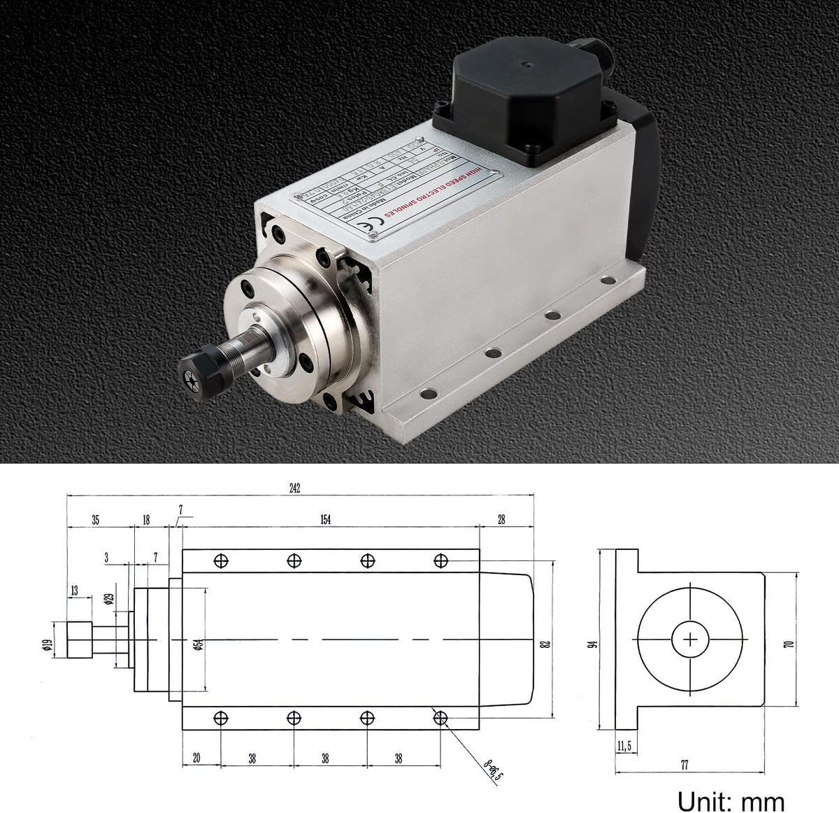 CNC-spindelmotorset, 220 V, 1,5 kW, ER16, luchtgekoelde vierkante spindelmotor CNC-spindelmotor + 220 V 1,5 kW VFD + kraagset ER16 + draden + boorbits + sleutel voor CNC-routermachine