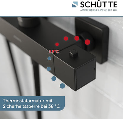 SCHÜTTE Trendto 60170 Douchesysteem met thermostaat, doucheset met grote regendouche (32 x 20 cm) en verstelbare handdouche, doucheset met douchestang, douchezuil, douchepaneel, zwart