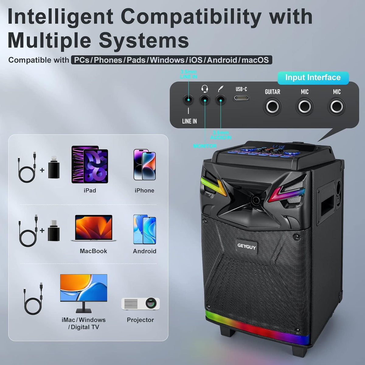 DSP Bluetooth karaoke-machine met 2 microfoonluidsprekers, 600 W 10 inch subwoofer PA-installatie, live streaming/geluidseffects/DJ Lights/FM-radio voor YouTube, Tiktok GTSK10-1