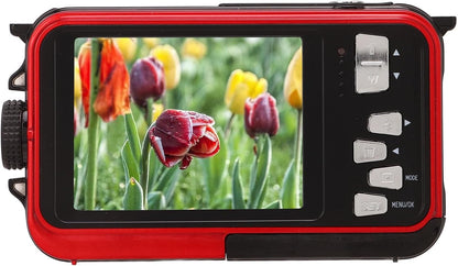 Onderwatercamera, 2,7 K 48MP 10ft Waterdichte Digitale Camera, 16X Digitale Zoom, Dubbele Scherm Selfie Onderwatercamera voor Snorkelen (rood)