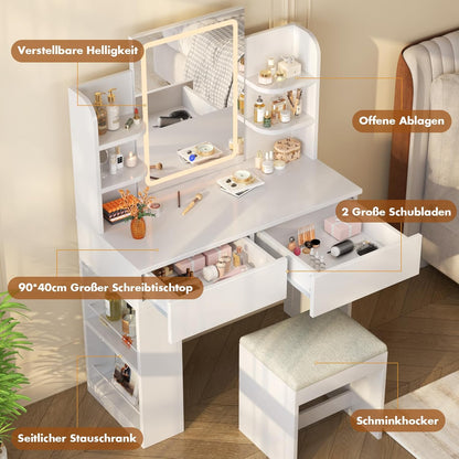 Devoko Dressing Table with Mirror and Lighting,Adjustable Brightness,Makeup Table with Stool,2 Drawers,4 Shelves,Modern Makeup Desk for Bedroom and Dressing Room, 90 x 40cm(White and White) - QUORE