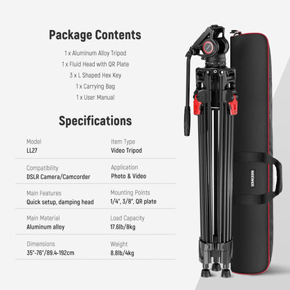Videostatief – Camerastatief – Fotostatief – Filmstatief – Statief – Verstelbaar Van 89,4 Tot 192 Cm – Vloeistofkop Met 360° Pan En Kantel – Stevige Aluminium Constructie Tot 8 Kg