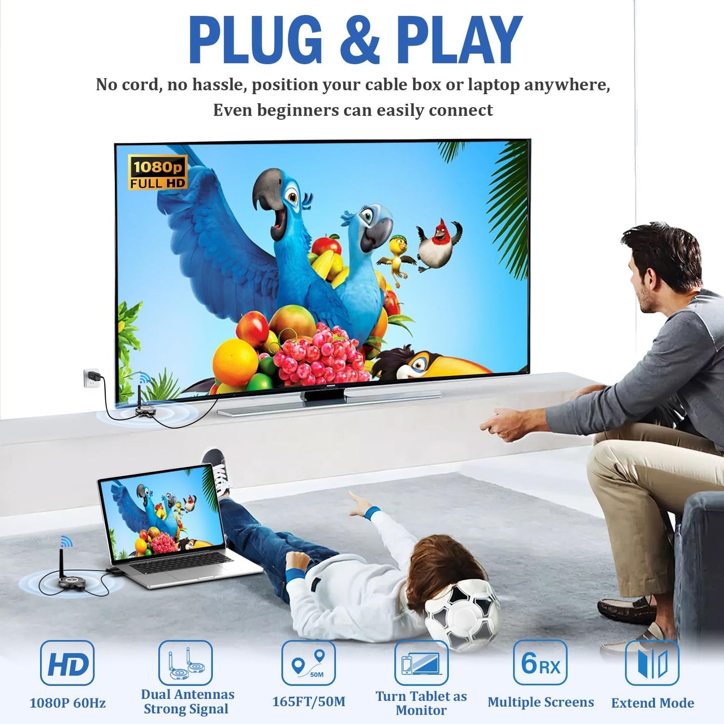 Draadloze HDMI-zender en 3 ontvangers, 5.8G HDMI draadloze extender 165FT/50M casting 1080P @60Hz video voor laptop, pc, camera tv-box naar meerdere tv's, projector, display, geen Bluetooth nodig