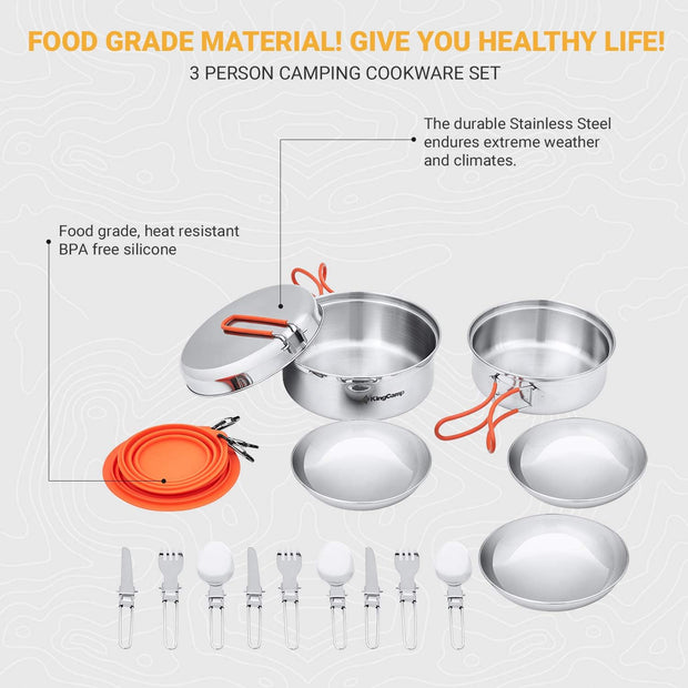 KingCamp Camping Kookgerei Set Servies Rvs Mess Kit Pot Pan Plate Bowl Lepel Vorkmes Karabijnhaken Reizen Kookgerei Outdoor Trekking Wandelen Picknick 25 Stuks voor 3 Personen