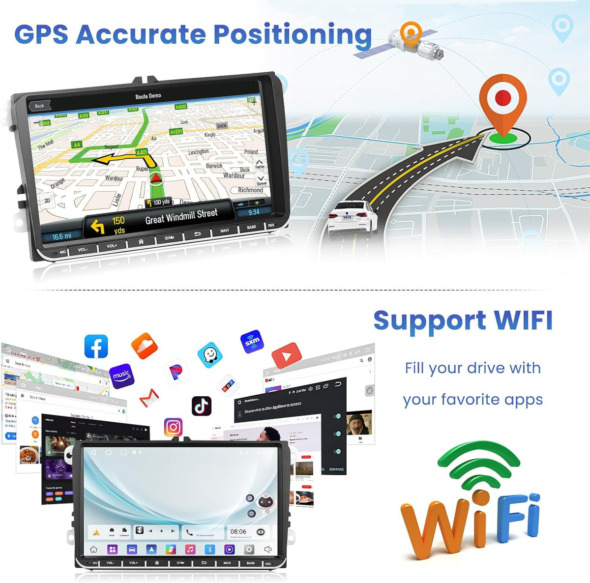 Inefala autoradio voor VW Golf Passat Tiguan Polo Caddy Skoda Seat Android 15 2G+64G, draadloos CarPlay & Android Auto, 9" radio 2DIN met GPS/WiFi/Bluetooth/USB/RDS/FM-MIC, achteruitrijcamera