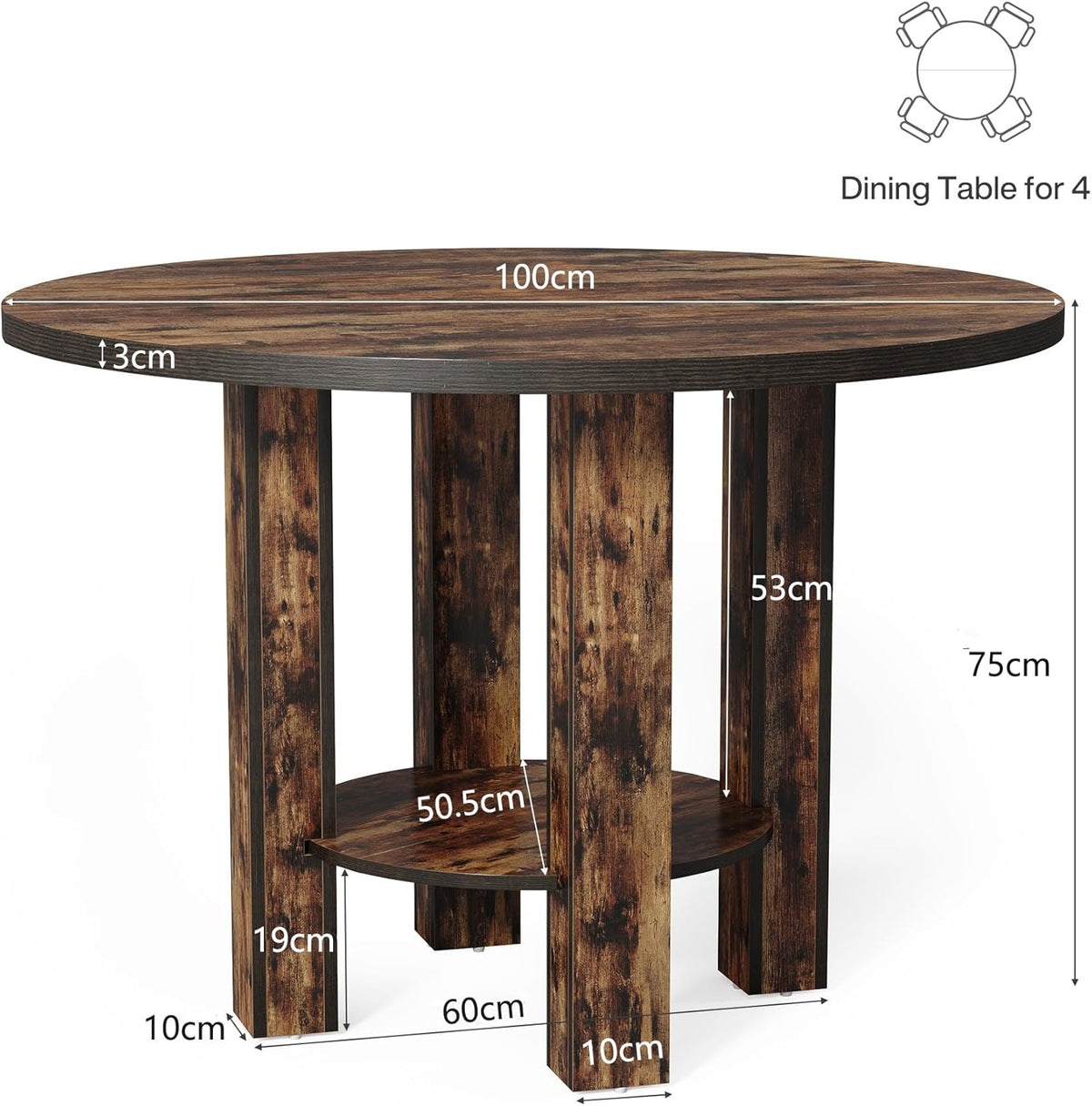 Tribesigns Round Dining Table for 4 People, 100 x 75cm Wooden Kitchen Table Large Dinner Table with Storage Shelf Wooden Legs for Home Dining Living Room, Rustic Brown