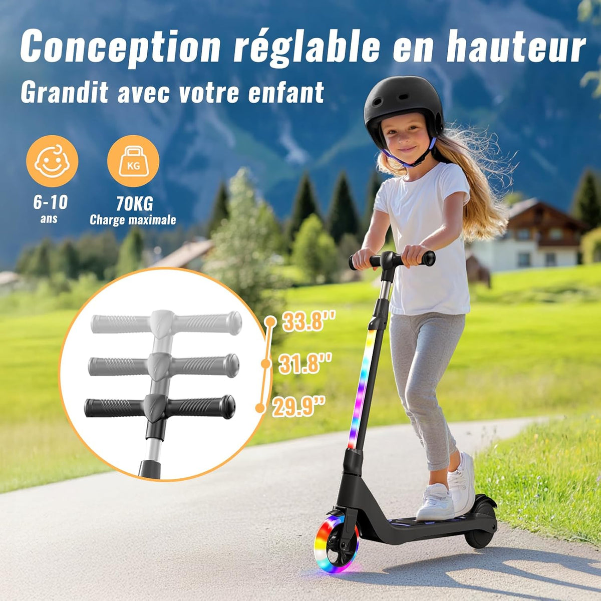 TST Elektrische step voor kinderen, 6-8-10 jaar, elektrische step met gekleurd ledlicht en 3 instelbare hoogtes, 5,3 inch, elektrische step voor kinderen, maximale belasting 70 kg, maximale snelheid
