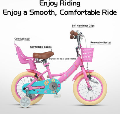 Glerc Maggie Meisjesfiets, 12-20“, kinderfiets voor 2-13 jaar oude kinderen, prinsessenstijl, kinderfiets met poppenzitje & mand en trainingswielen, meerdere kleuren