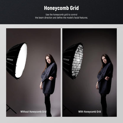 NEEWER 26inch/65cm Parabolic Softbox Quick Set-up Quick Folding, met Diffusers/Honingraat Grid/tas, Compatibel met Aputure 120d Light Dome Godox sl60w NEEWER RGB CB60 en andere Bowens Mount Lights