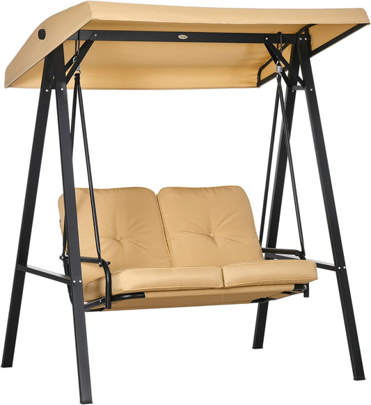 Schommelbank - Tuinschommel - Schommelstoelen - 2-zits - met Gevoerde Kussens - Verstelbaar Zonnedak - Stalen Frame - Duurzaam - Weerbestendig - UV-bescherming - 138 x 106 x 174 cm - Beige