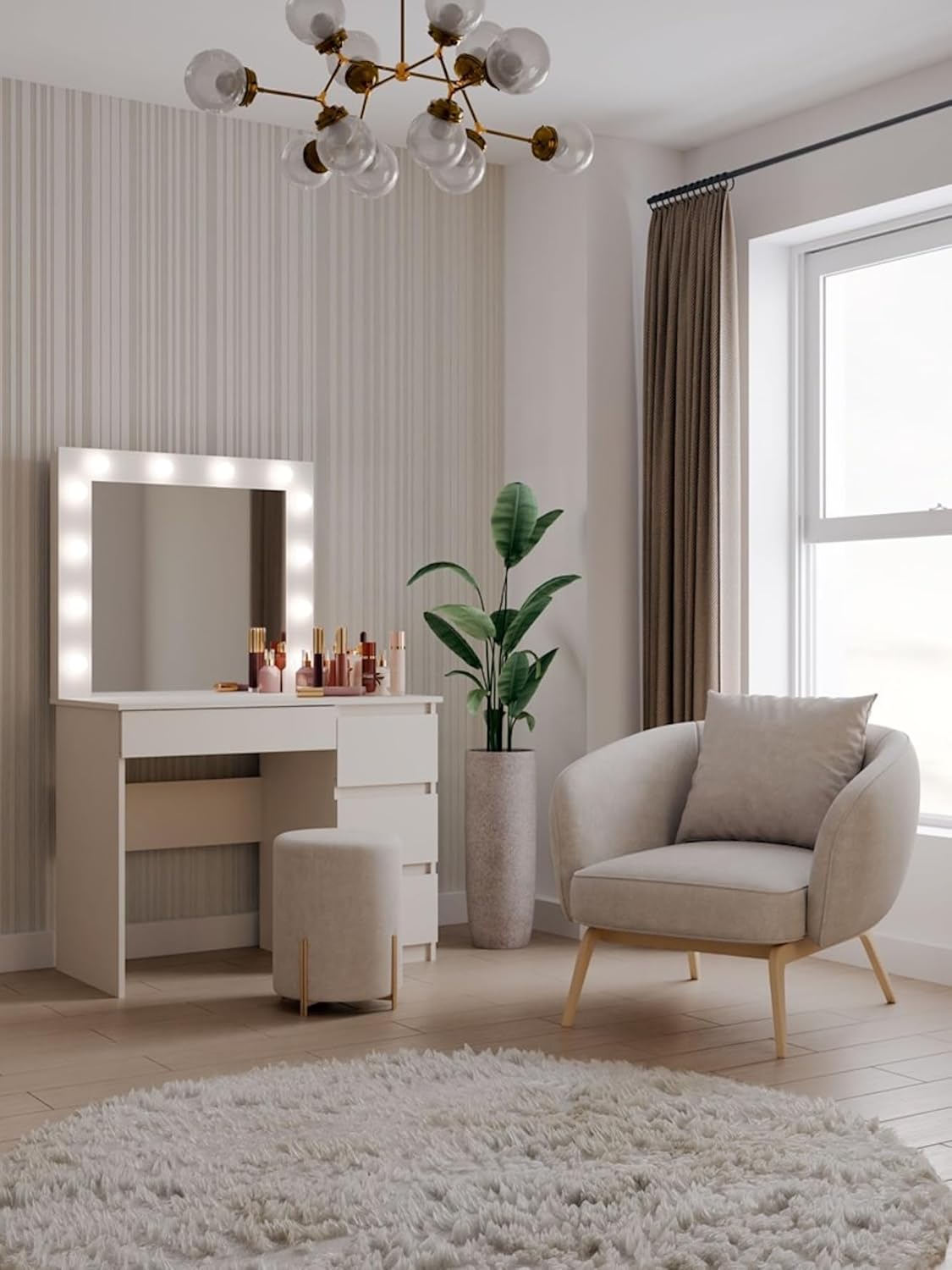 3E 3xE living.com Dressing table with mirror, LED lighting: four drawers, color: cashmere, three drawers on the right - QUORE