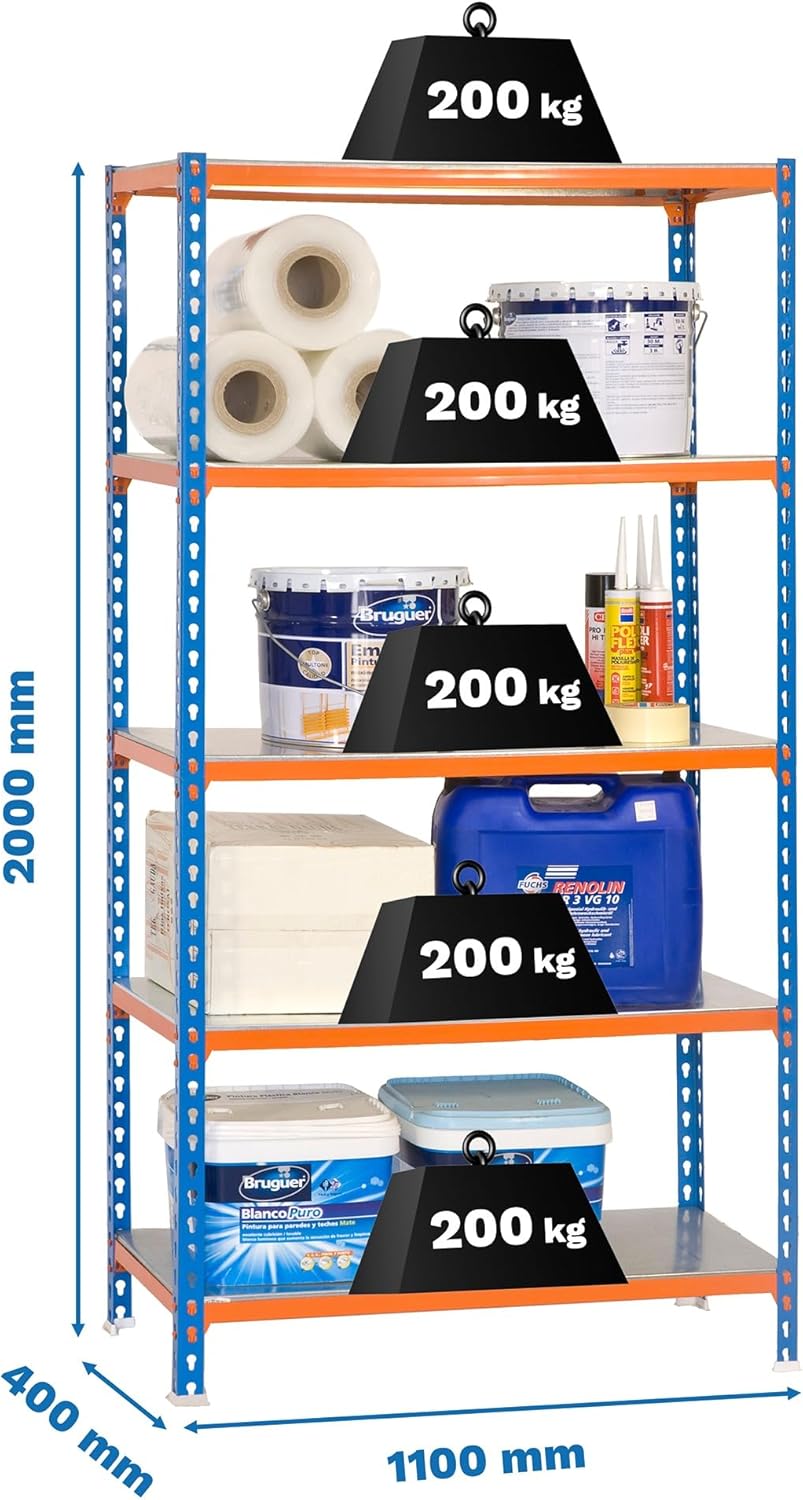 Simon Rack Stellingkast Metaal, 2000x1100x400 mm, Buigpunt 200, 5 Verstelbare Niveaus, Metalen Planken, Robuust Opslagrek voor Garage, Kelder en Werkplaats, Blauw/Oranje/Gegalvaniseerd – SimonClick