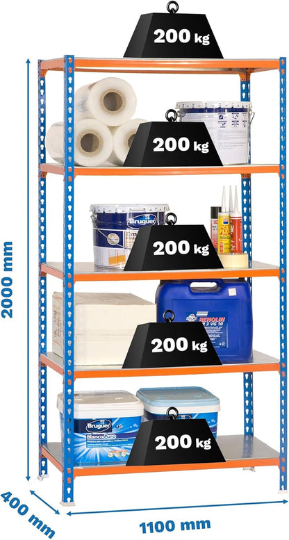 Simon Rack Stellingkast Metaal, 2000x1100x400 mm, Buigpunt 200, 5 Verstelbare Niveaus, Metalen Planken, Robuust Opslagrek voor Garage, Kelder en Werkplaats, Blauw/Oranje/Gegalvaniseerd – SimonClick