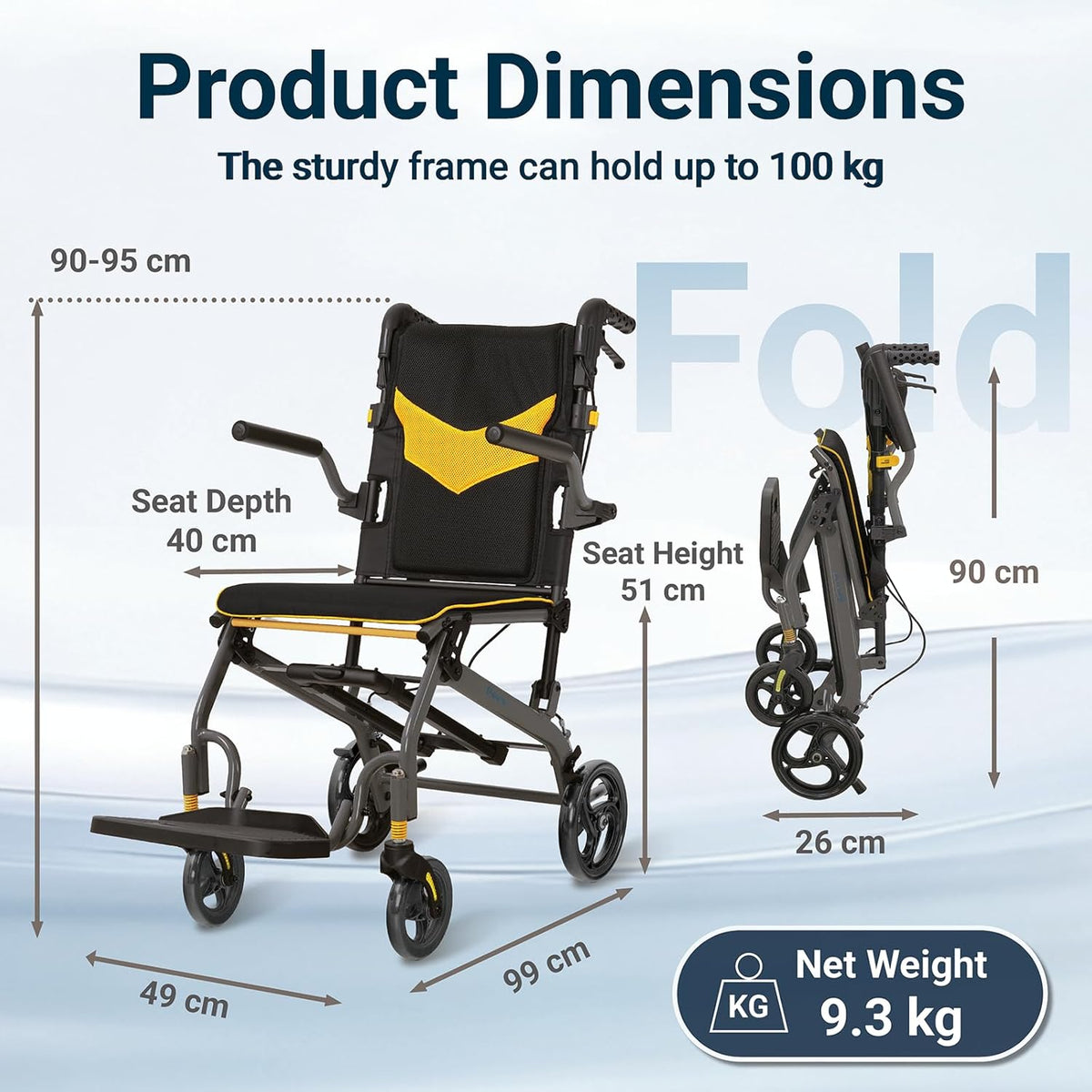 Rolstoel, opvouwbaar, licht, aluminium, inklapbaar, transport, rolstoelen, smalle rolstoel, ergonomisch design, compact voor reizen en woning, belastbaarheid 100 kg (Geel)