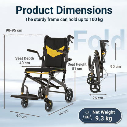 Rolstoel, opvouwbaar, licht, aluminium, inklapbaar, transport, rolstoelen, smalle rolstoel, ergonomisch design, compact voor reizen en woning, belastbaarheid 100 kg (Geel)