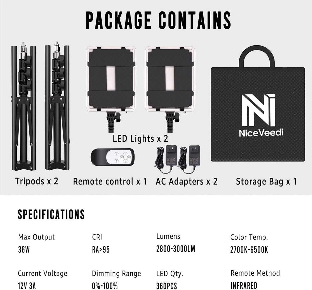 Fotoverlichting – Led Videolamp, Fotolamp, Studiolamp, Videolicht – 2 Stuks – Tweekleurig 2700-6500 K – 36 W Per Lamp, Dimbaar