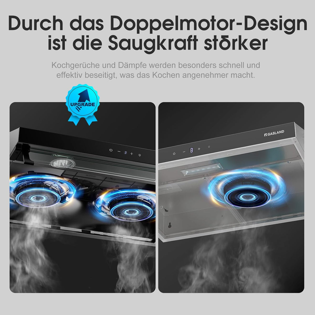 GASLAND UC60BS Afzuigkap met dubbele motor, 60 cm circulatie, stille afzuigkappen, 333 m³/h, 3 standen, Touch Control, onderbouwkap, zwart metaal met actieve koolfilter