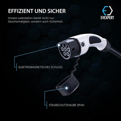 Eveline Max I/II, 3,7-22kW Smart Tragbare EVSE EV Auto Ladegerät Typ2 | SCHUKO/CEE 5-Pin (RCD FI A-EV) | EV typ 2 laadkabel 16-32A | 1/3-fasig (3-Phasig 16 A / 11 kw / 5m)