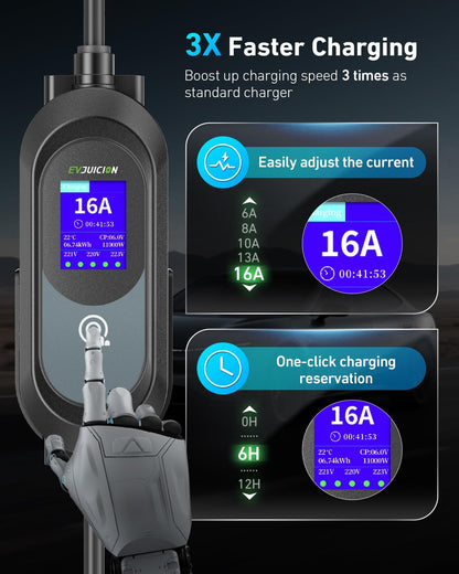 Evjuicion Elektrische autolader 11 kW CEE driefasig 6 A-16 A EV-lader type 2 met muurbeugel, digitaal display, instelbare laadtijd [0-12 uur] Draagbaarheid 6 m oplaadkabel type 2 met tas