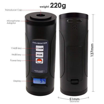 Geluidsniveaumeter, Kalibratie, 94 dB & 114 dB, Geluidsdrukniveau 1 inch en 1/2 inch, Microfoon, Ruisonderdrukking, Digitaal Gereedschap, Lcd-display, Display met Achtergrondverlichting.