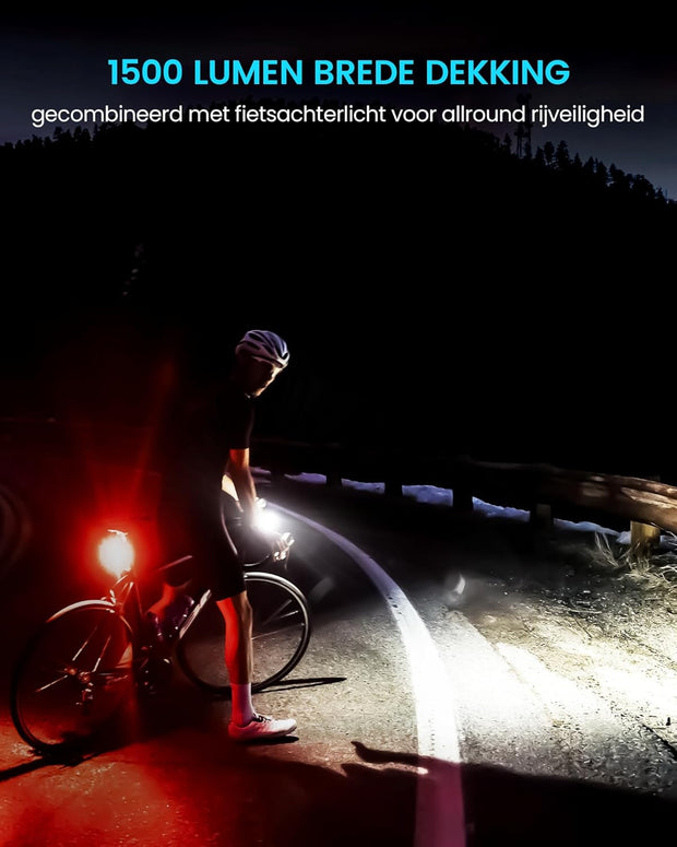 Fietslamp - Fietslicht - Fietsverlichting Set - Oplaadbaar - met 1500 Lm Koplamp - Smart Achterlicht - 5 Helderheidsniveaus - USB-C - voor Road - Mountain - Urban Fietsen - Strap Mount - IPX7-Waterdicht - Zwart en Rood