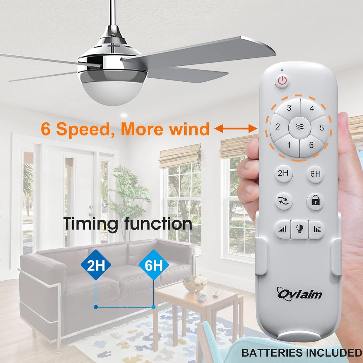 Ovlaim 122cm Moderne plafondventilator met LED-verlichting (3 kleuren) en afstandsbediening (6 snelheden), energiezuinige DC-motor superstil, geschikt voor zomer & winter (ventilatie-effect) - Zilver