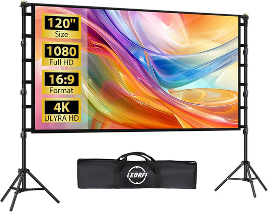 Draagbaar projectorscherm met standaard 120 Inch, LEORFI Movie Projector Scherm en standaard Pull Down 16:9 4K Full HD, Outdoor Indoor Projectiescherm, Ondersteuning In hoogte verstelbaar voor Office