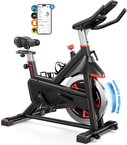 MERACH Hometrainer, fiets met magnetische weerstand, stille remvoering/hometrainer, fiets met verbeterd comfortabel zitkussen, indoor cycling bike met tablethouder, eigen app, tot 136 kg