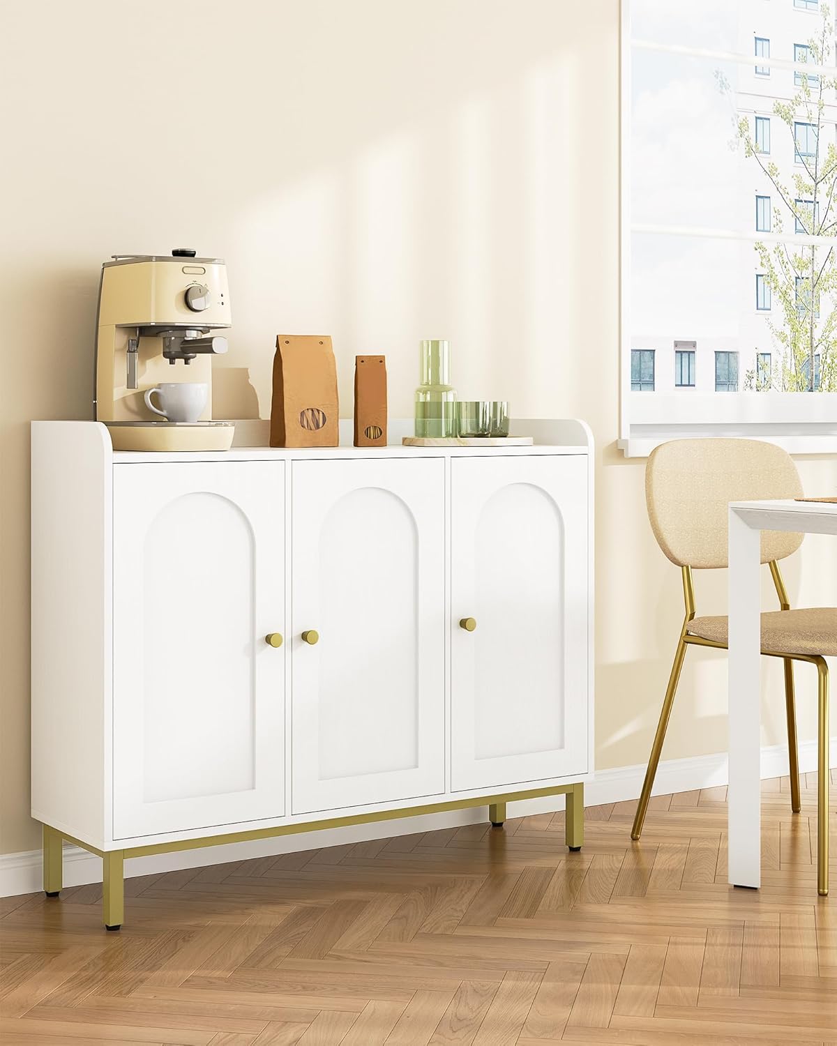 Hzuaneri Sideboard, sideboard, kitchen cabinet, kitchen chest of drawers, 3 doors, adjustable shelves, for kitchen and living room, storage cabinet, 30 x 100 x 80.5 cm, white SC21313G