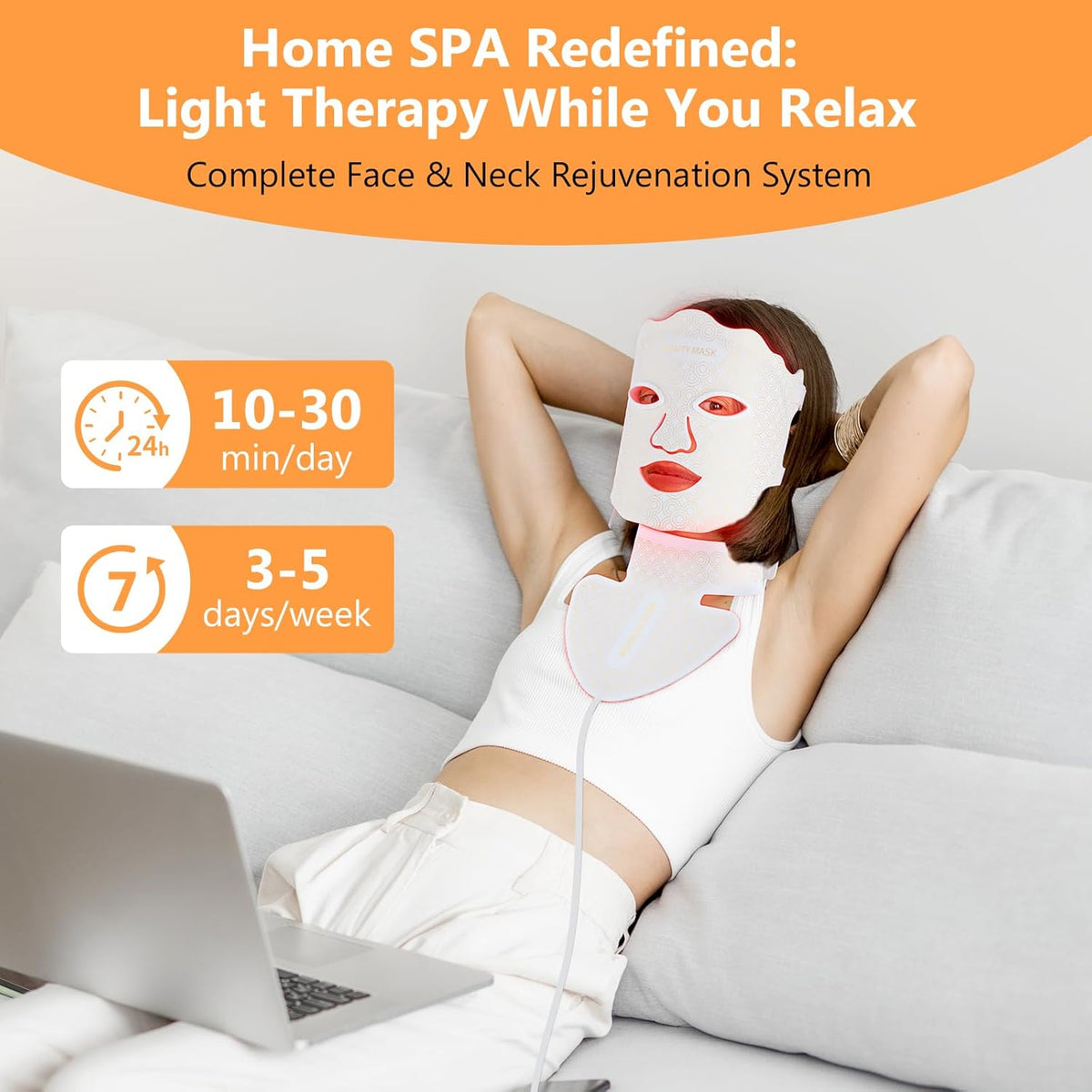 Led-Lichttherapiemasker voor Gezicht en Hals – Led Gezichtsmasker – Gezichtsmasker – Led Masker – Lichtmasker – 175 Ledlampjes – 7 Lichtstanden en 850 Nm Infrarood – Wit