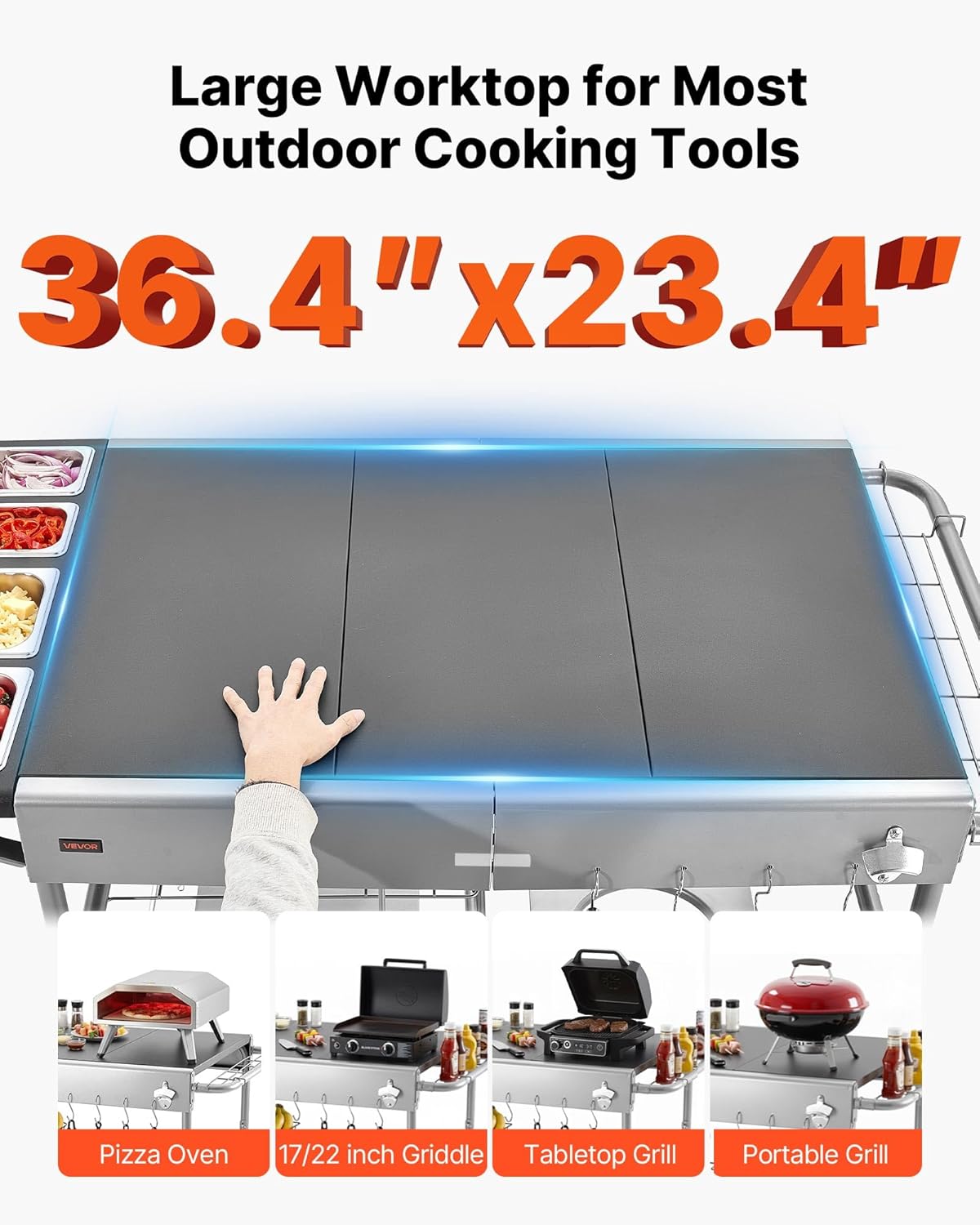 VEVOR Barbecuewagen voor buiten, 925 x 595 x 25 mm (tafelbladgrootte), oprolbare grilltafel met 4 kruidenbakjes & wielen en deksels en haken, barbecue-bereidingstafel, serveerwagen voor picknickkeuken