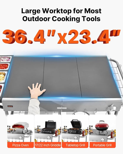 VEVOR Barbecuewagen voor buiten, 925 x 595 x 25 mm (tafelbladgrootte), oprolbare grilltafel met 4 kruidenbakjes & wielen en deksels en haken, barbecue-bereidingstafel, serveerwagen voor picknickkeuken