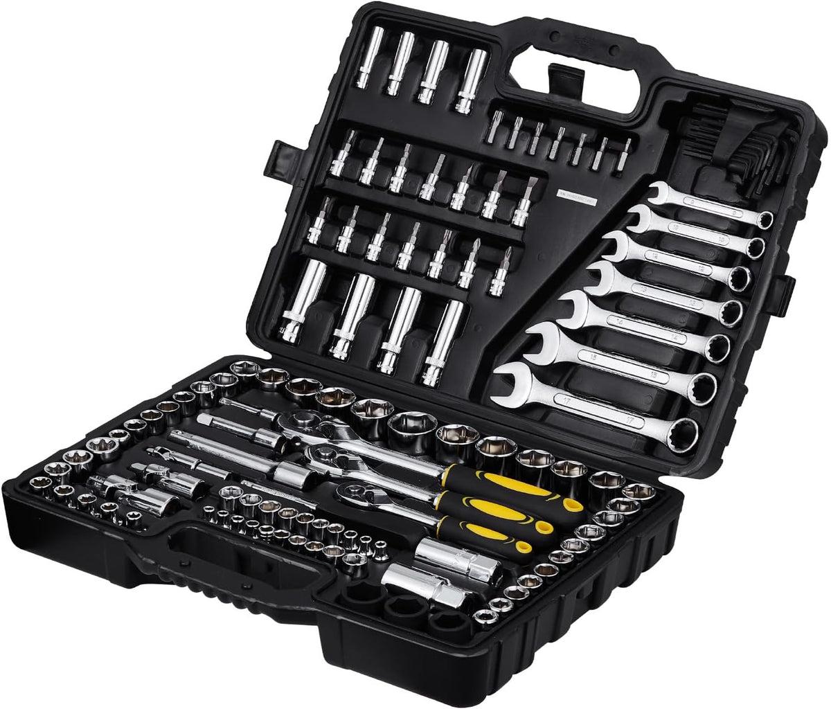 121 Piece Tool Set - Professional Mechanic Tool Kit with Bits, Ratchets, Wrenches &amp; Pliers - SAE &amp; Metric Sizes - Includes Storage Case - Black/Yellow