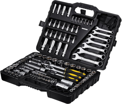 121 Piece Tool Set - Professional Mechanic Tool Kit with Bits, Ratchets, Wrenches &amp; Pliers - SAE &amp; Metric Sizes - Includes Storage Case - Black/Yellow