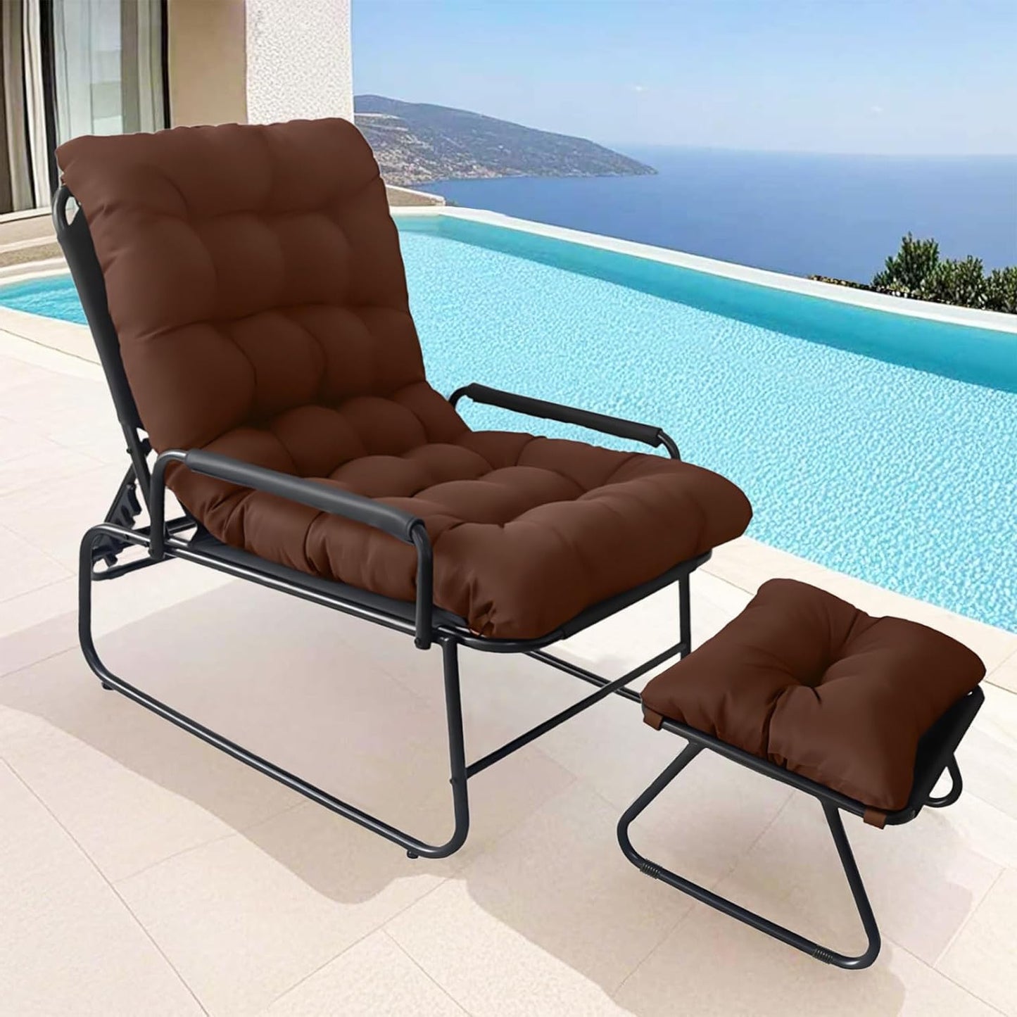 Loungestoel – Tuinstoel – Balkonstoel – Relaxstoel – Ligstoel – Verstelbare Rugleuning in 5 Standen – Inclusief Kruk en Afneembaar Kussen – Bruin