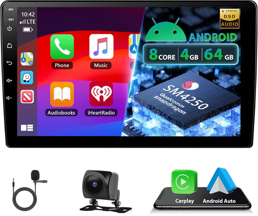 4+64G Carplay Radio 2 din Android Audio met GPS-Navigatie, Bluetooth Dubbele din Radio Auto met Scherm, Motorsi Stereo Auto Support Mirrorlink/FM/WIFI/USB/SWC + Achteruitrijcamera + Microfoon