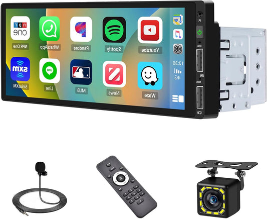 Hikity - 6.9 inch Car Radio 1 Din Carplay and Android Auto Touch Display Radio with Screen Bluetooth Handsfree System, Reversing Camera, Microphone, FM 2USB - QUORE