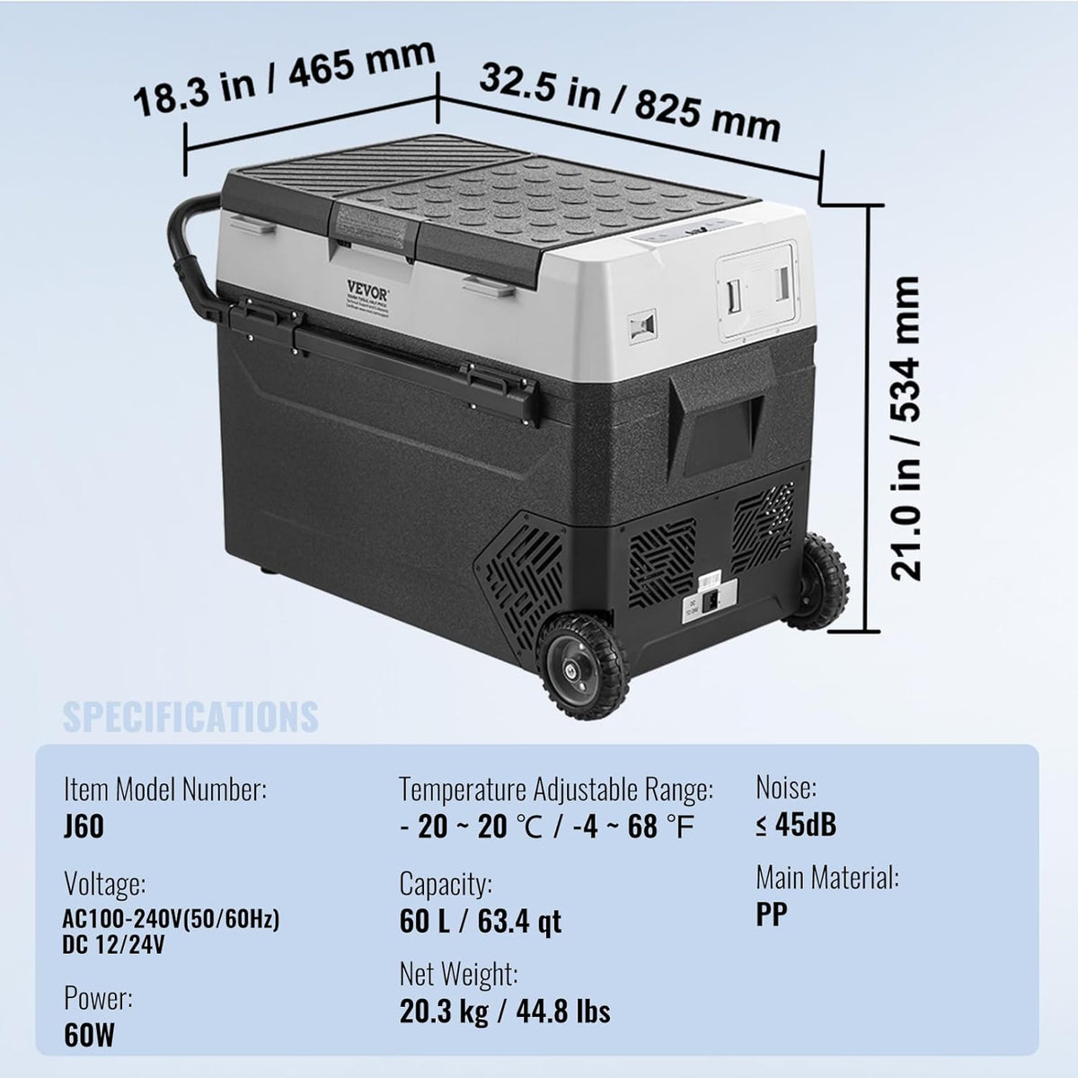 VEVOR Koelkastkoelkast van 12 volt, 60 liter (63,4 qt) draagbare vriezer met één zone, -40 ° F instelbare temperatuur, compressorkoeler voor thuis, buiten, camping, camper, auto, zwart