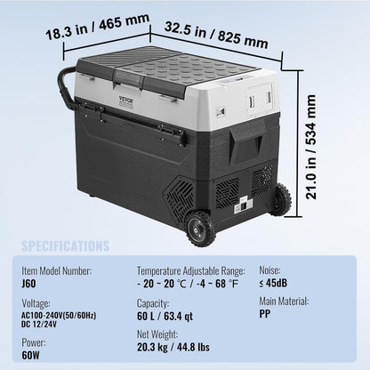 VEVOR Koelkastkoelkast van 12 volt, 60 liter (63,4 qt) draagbare vriezer met één zone, -40 ° F instelbare temperatuur, compressorkoeler voor thuis, buiten, camping, camper, auto, zwart