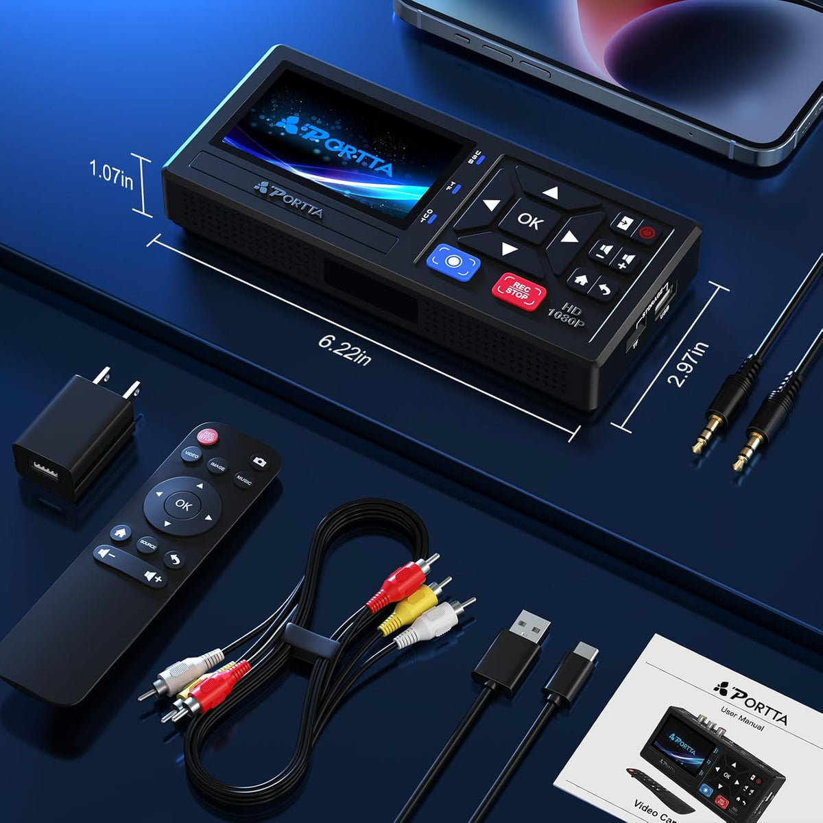 PORTTA VHS naar digitale converter, video naar digitaal recorder met afstandsbediening, compatibel met VHS, videorecorder, DVR, DVD, Hi8, Mini DV, camcorder, cassettetape, gameconsoles