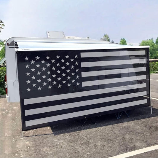 Tentproinc RV luifel zonnescherm 7' X 12' 3'' (Amerikaanse vlag) zwart gaas zonnescherm camper trailer luifel schaduwscherm UV-blokker voltooide kits